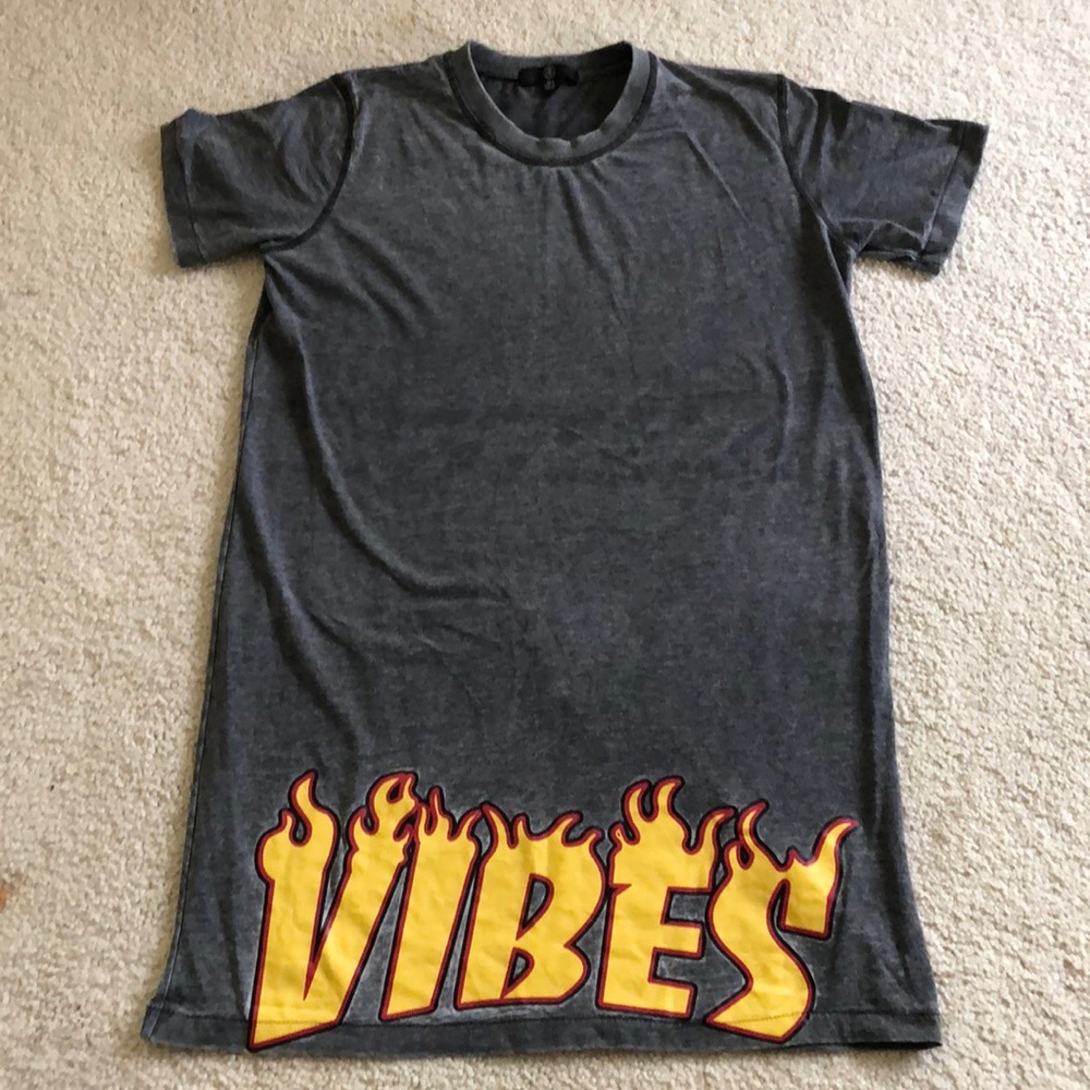 Tee Shirt dress with VIBES written across bottom